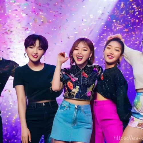 Home 12 아이즈원 피에스타 마지막 활동 곡 - **Vibrant K-Pop Celebration:** A dynamic, high-energy image of a diverse group of young adults, dres...