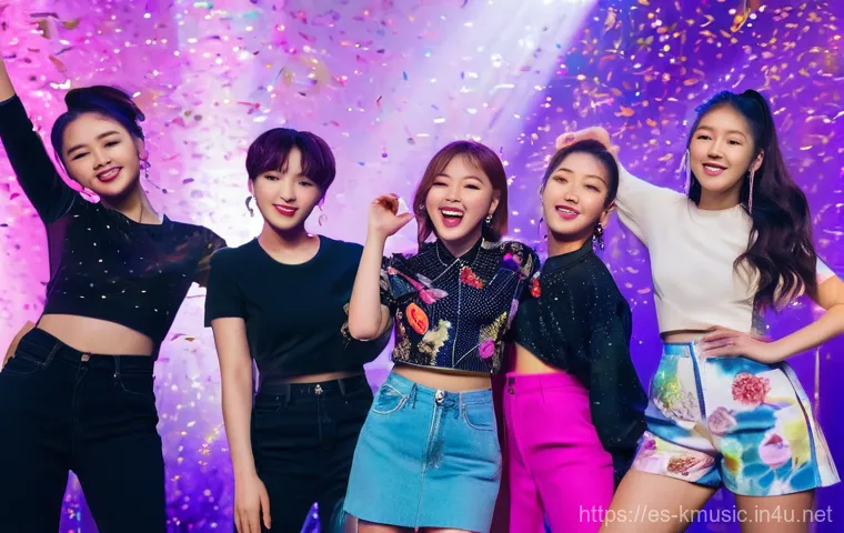 아이즈원 피에스타 마지막 활동 곡 - **Vibrant K-Pop Celebration:** A dynamic, high-energy image of a diverse group of young adults, dres...