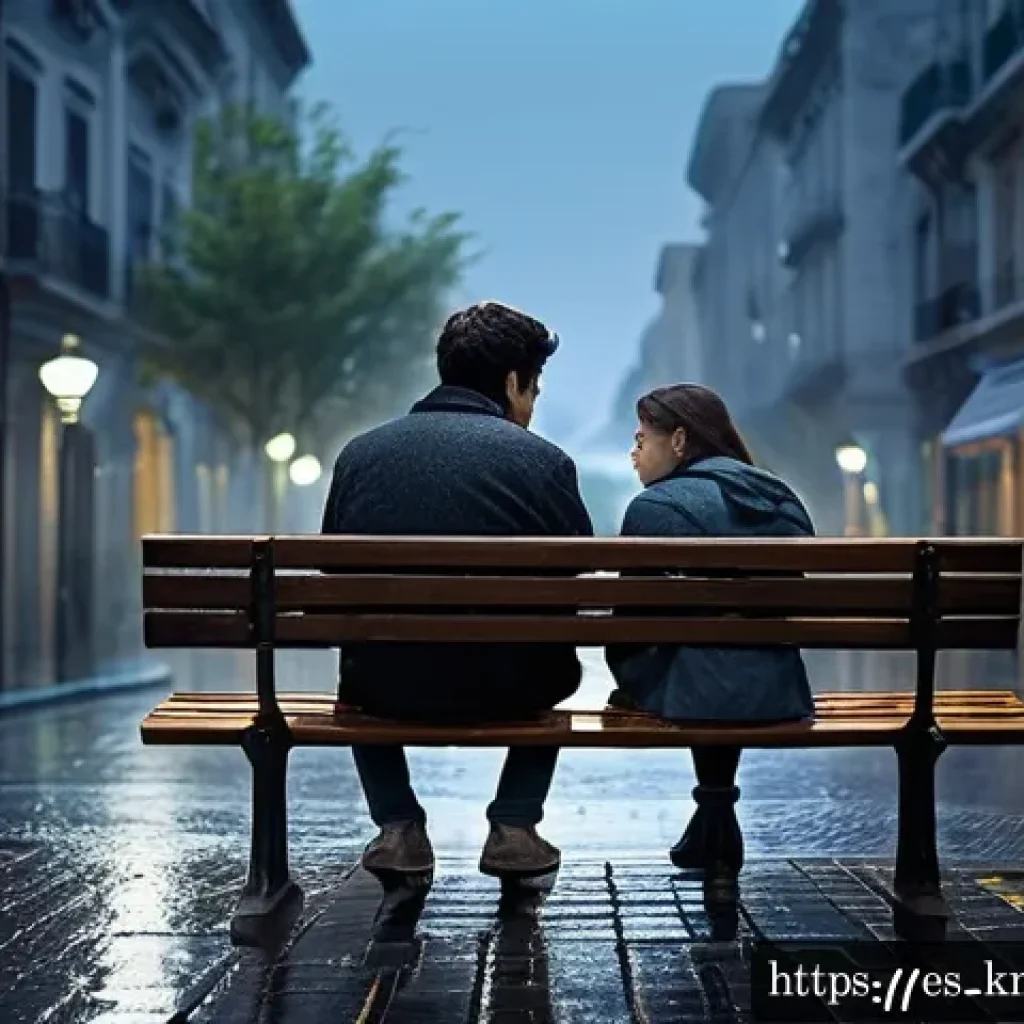 다비치 안녕이라고 말하지마 이별곡 분석 - A melancholic scene of two young adults sitting on a rainy urban bench at dusk, both dressed in casu...
