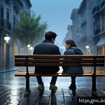 Home 18 다비치 안녕이라고 말하지마 이별곡 분석 - A melancholic scene of two young adults sitting on a rainy urban bench at dusk, both dressed in casu...