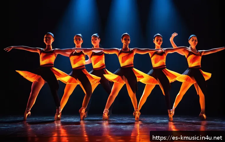 여자 아이들 화 火花 퍼포먼스 분석 - A dynamic stage performance featuring a group of female dancers in dark, fire-inspired costumes with...