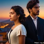 Home 21 린 시간을 거슬러 OST 열풍 - A dramatic orchestral scene featuring a young Hispanic man and woman in their mid-20s, standing clos...