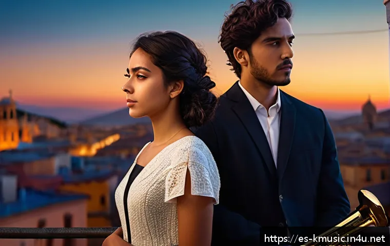 린 시간을 거슬러 OST 열풍 - A dramatic orchestral scene featuring a young Hispanic man and woman in their mid-20s, standing clos...