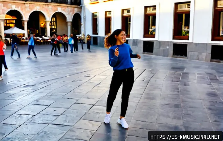 Home 17 지코 아무노래 챌린지 열풍 - Photorealistic vertical social-media-style scene of a joyful young Spanish woman in casual streetwea...