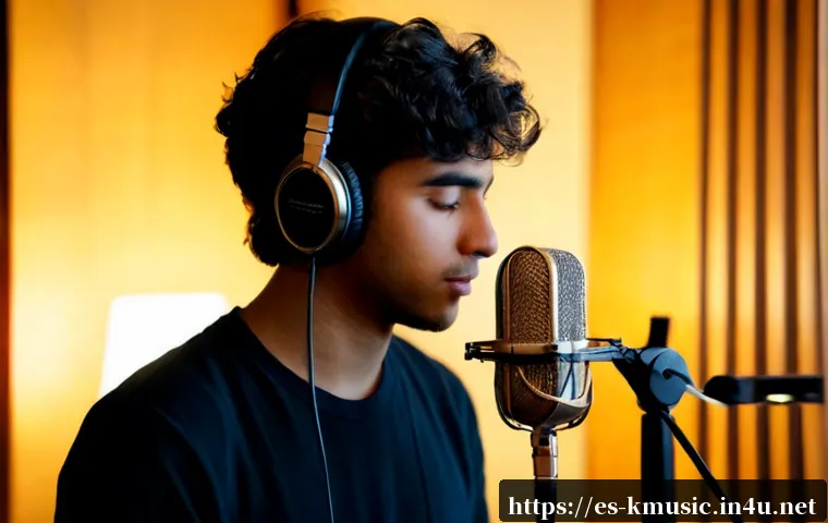 Home 17 크러쉬 Beautiful 영화 삽입곡 소개 - Photorealistic cinematic still of a young male pop singer recording an emotional romantic soundtrack...